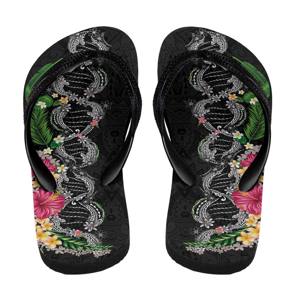 Hawaii DNA Kakau Tattoo Flip Flops with Plumeria and Hibiscus Tropical Plants Black Color LT03 - Polynesian Pride