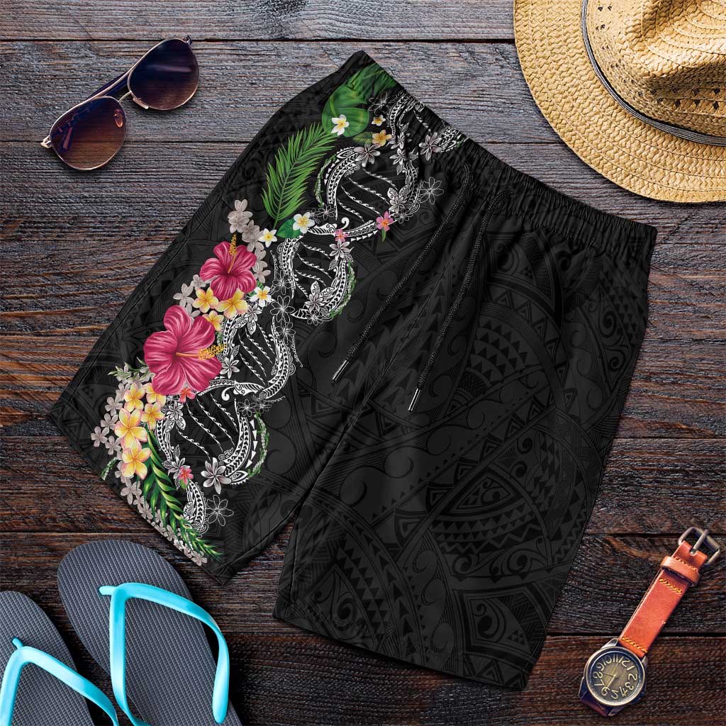 Hawaii DNA Kakau Tattoo Shorts for Men with Plumeria and Hibiscus Tropical Plants Black Color LT03 Black - Polynesian Pride