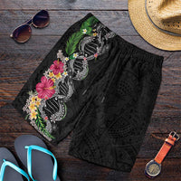Hawaii DNA Kakau Tattoo Shorts for Men with Plumeria and Hibiscus Tropical Plants Black Color LT03 Black - Polynesian Pride