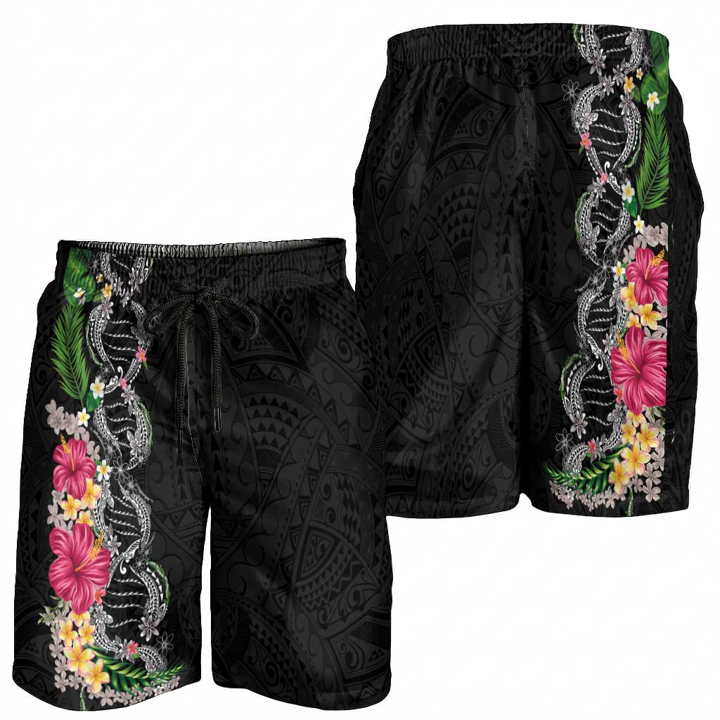 Hawaii DNA Kakau Tattoo Shorts for Men with Plumeria and Hibiscus Tropical Plants Black Color LT03 - Polynesian Pride