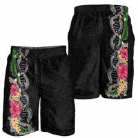 Hawaii DNA Kakau Tattoo Shorts for Men with Plumeria and Hibiscus Tropical Plants Black Color LT03 - Polynesian Pride