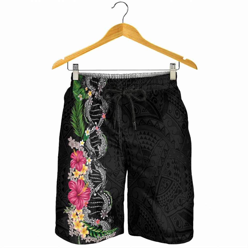 Hawaii DNA Kakau Tattoo Shorts for Men with Plumeria and Hibiscus Tropical Plants Black Color LT03 - Polynesian Pride