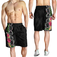 Hawaii DNA Kakau Tattoo Shorts for Men with Plumeria and Hibiscus Tropical Plants Black Color LT03 - Polynesian Pride