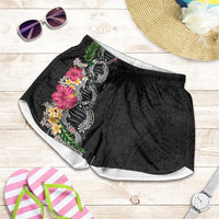 Hawaii DNA Kakau Tattoo Shorts for Women with Plumeria and Hibiscus Tropical Plants Black Color LT03 Black - Polynesian Pride