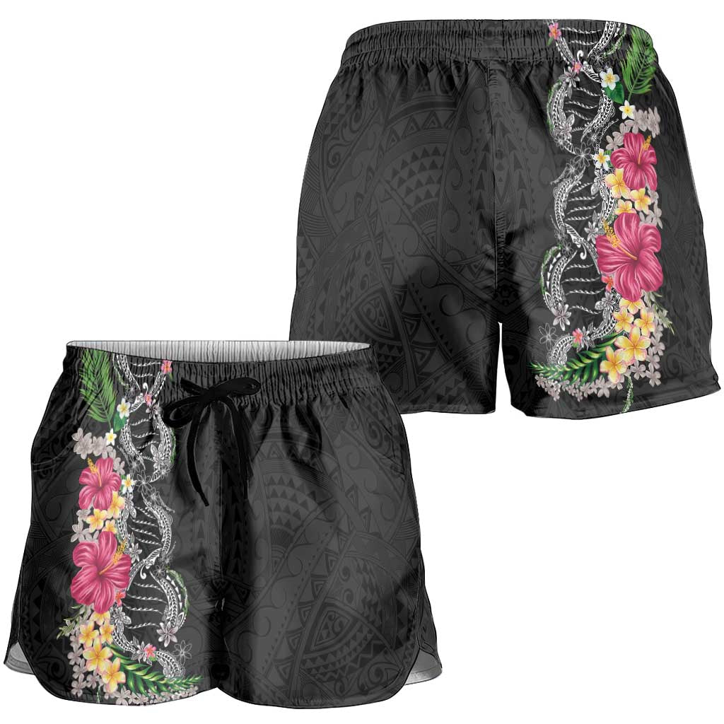 Hawaii DNA Kakau Tattoo Shorts for Women with Plumeria and Hibiscus Tropical Plants Black Color LT03 - Polynesian Pride