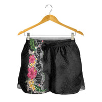Hawaii DNA Kakau Tattoo Shorts for Women with Plumeria and Hibiscus Tropical Plants Black Color LT03 - Polynesian Pride