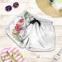 Hawaii DNA Kakau Tattoo Shorts for Women with Plumeria and Hibiscus Tropical Plants White Color LT03 White - Polynesian Pride