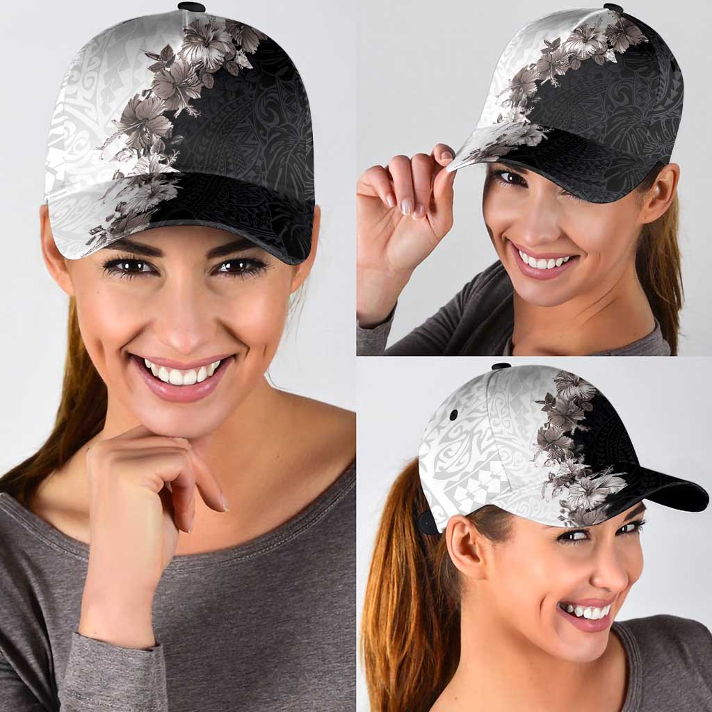 Hawaii Grayscale Hibiscus Flowers Classic Cap Polynesian Pattern Half Black White Version LT03