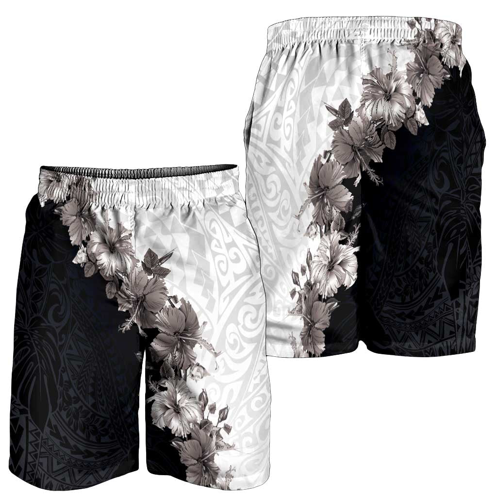 Hawaii Grayscale Hibiscus Flowers Shorts for Men Polynesian Pattern Half Black White Version - Polynesian Pride