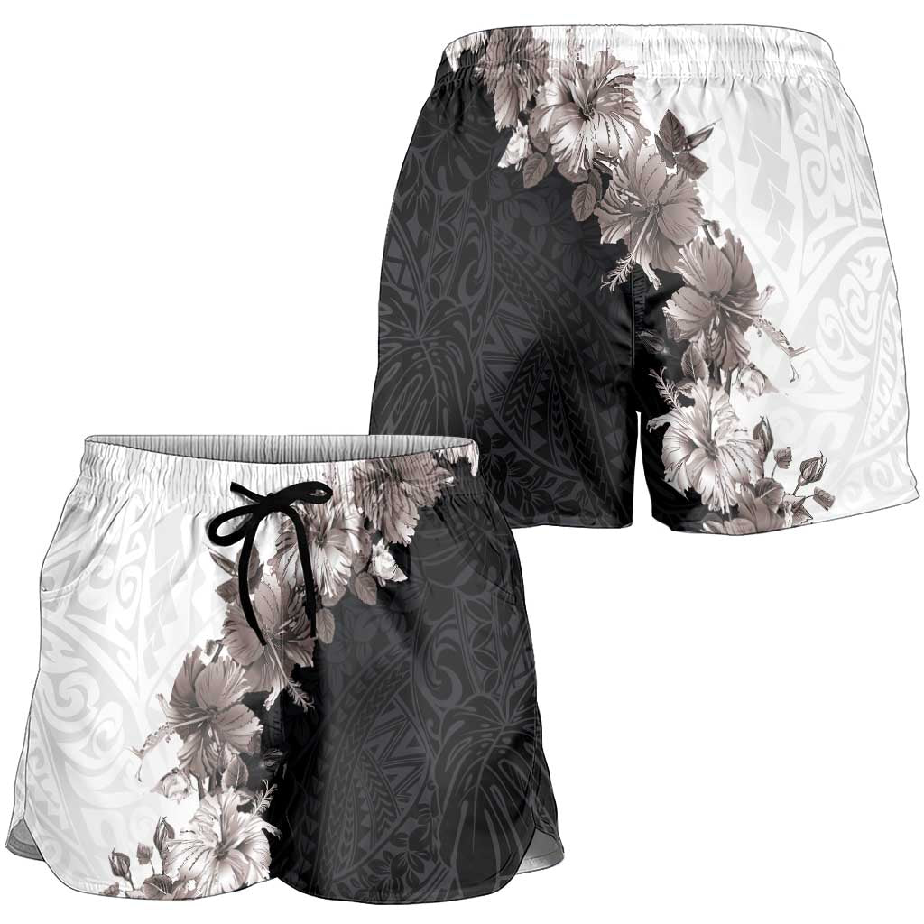 Hawaii Grayscale Hibiscus Flowers Shorts for Women Polynesian Pattern Half Black White Version - Polynesian Pride