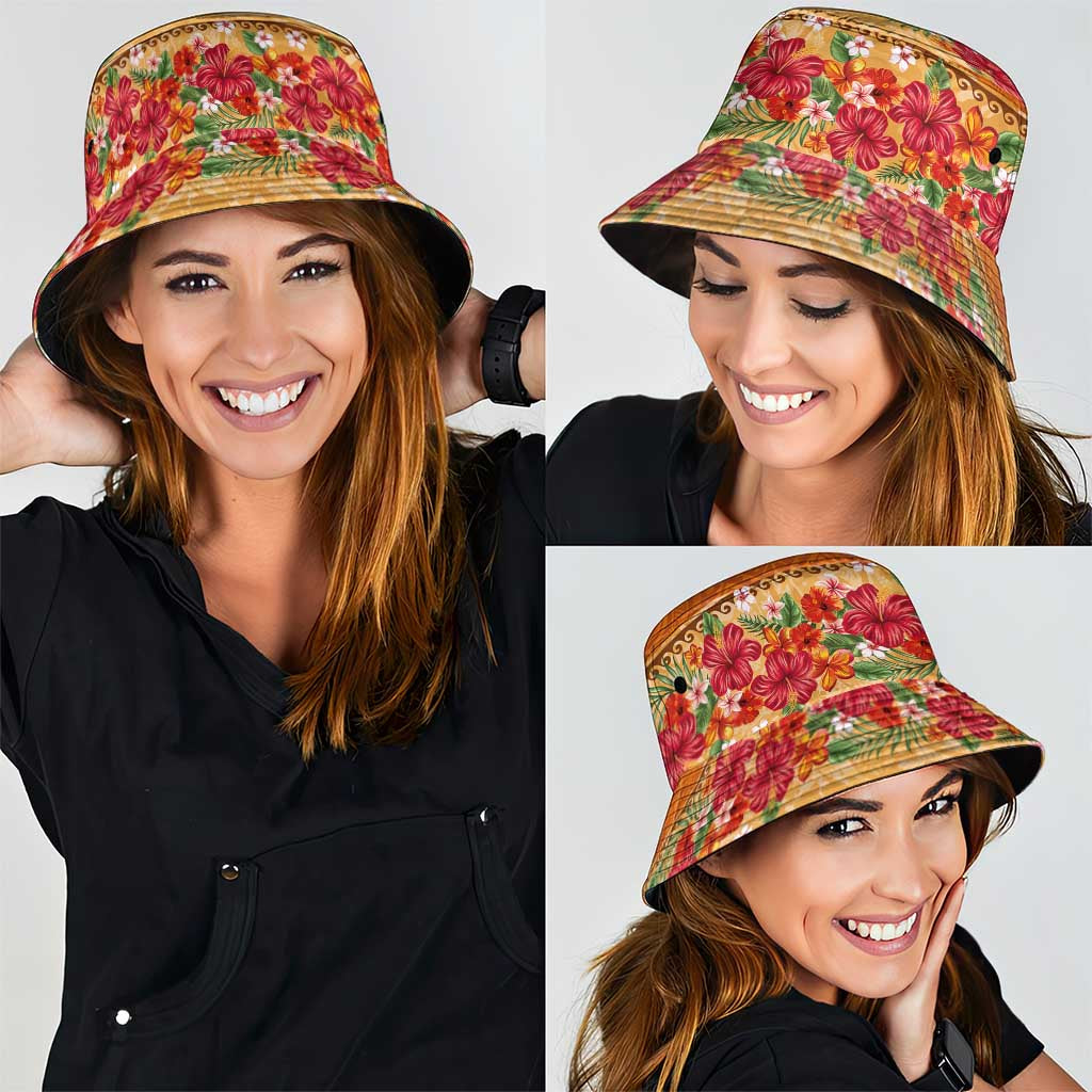 Hawaii Hibiscus Bucket Hat Turtles Tribal Motifs Vintage Floral Style LT03
