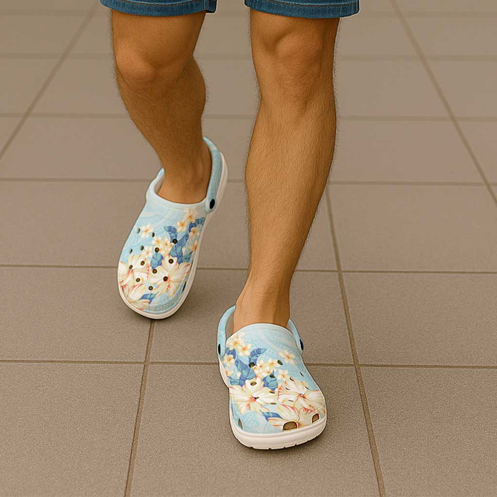 Hawaii Hibiscus Plumeria Blue Clogs Shoes Polynesian Pattern