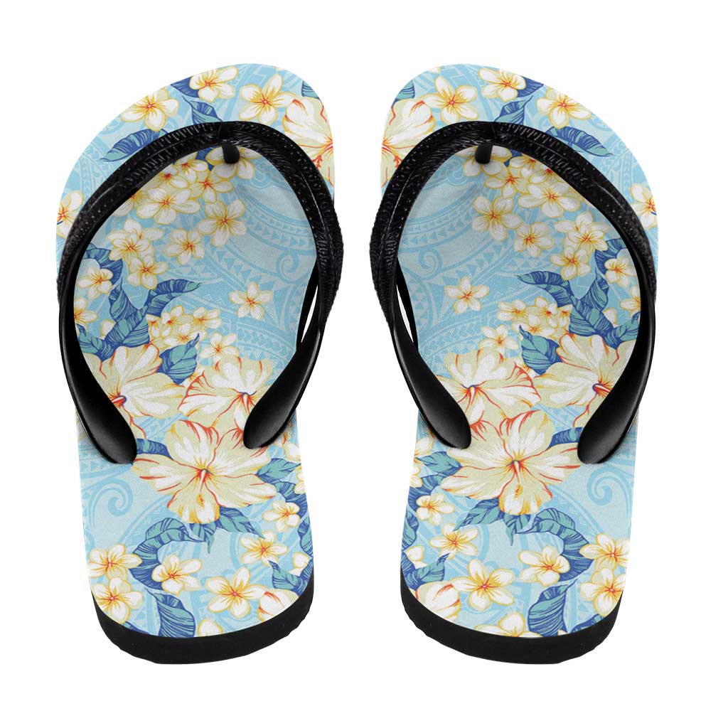 Hawaii Hibiscus Plumeria Blue Flip Flops Polynesian Pattern