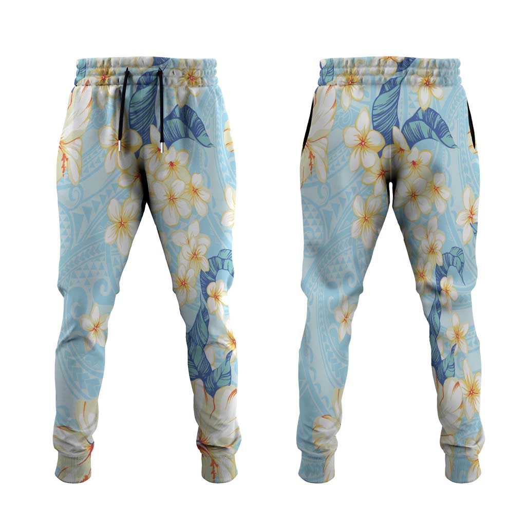 Hawaii Hibiscus Plumeria Blue Jogger Pants Polynesian Pattern
