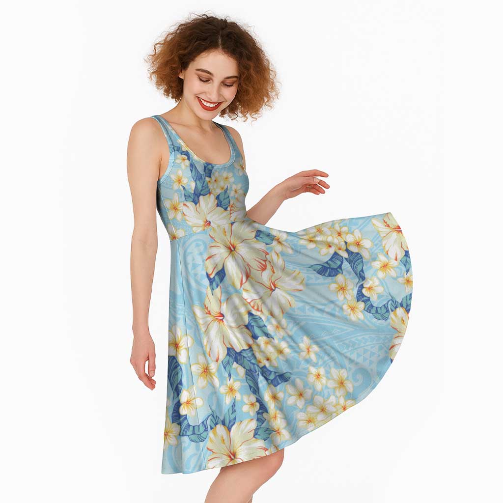 Hawaii Hibiscus Plumeria Blue Midi Dress Polynesian Pattern