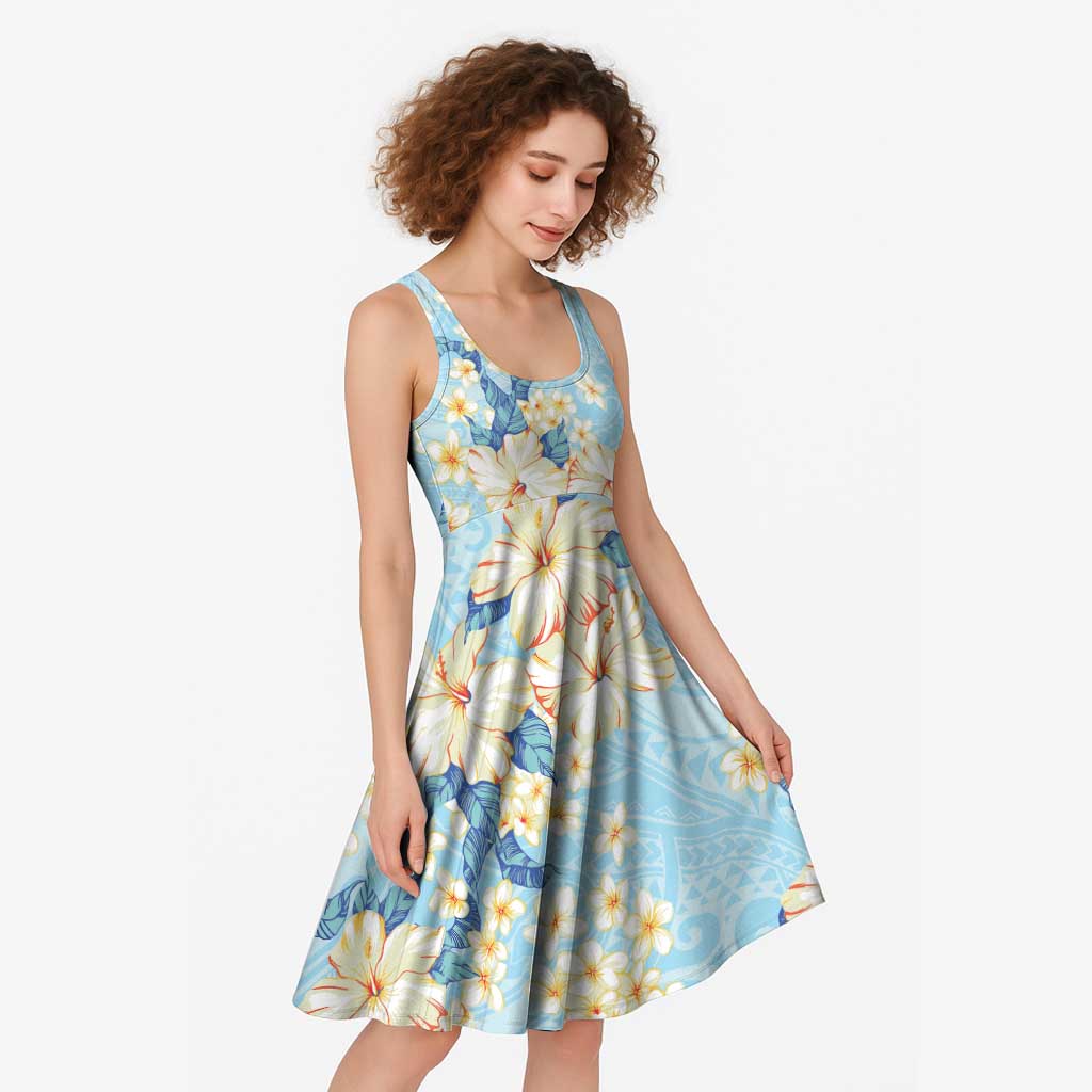 Hawaii Hibiscus Plumeria Blue Midi Dress Polynesian Pattern