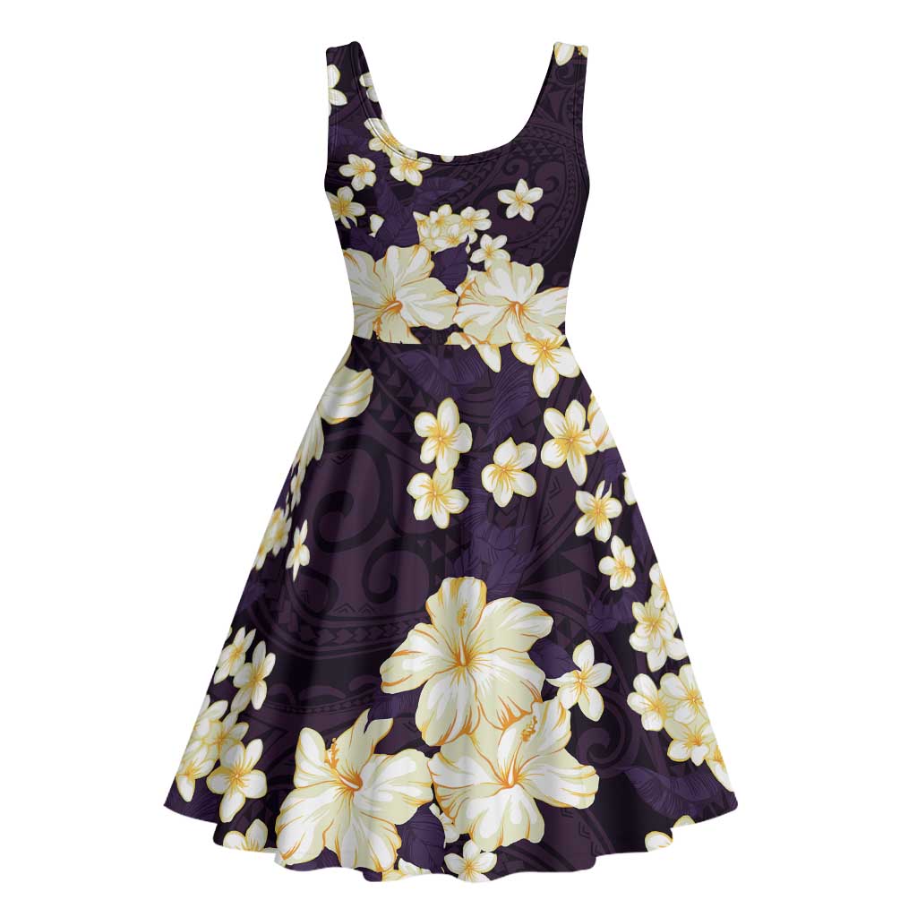 Hawaii Hibiscus Plumeria Purple Midi Dress Polynesian Pattern
