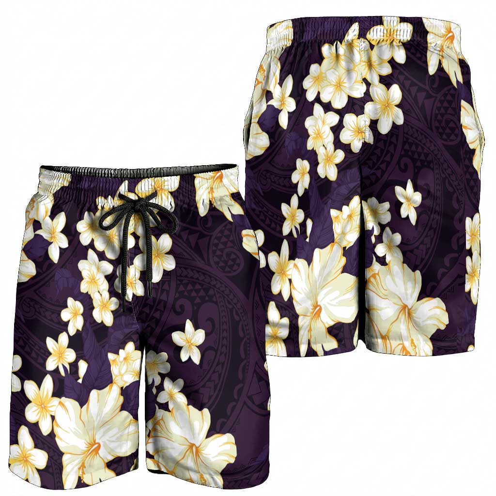 Hawaii Hibiscus Plumeria Purple Shorts for Men Polynesian Pattern