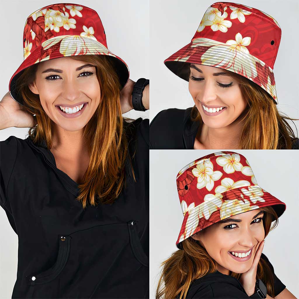 Hawaii Hibiscus Plumeria Red Bucket Hat Polynesian Pattern