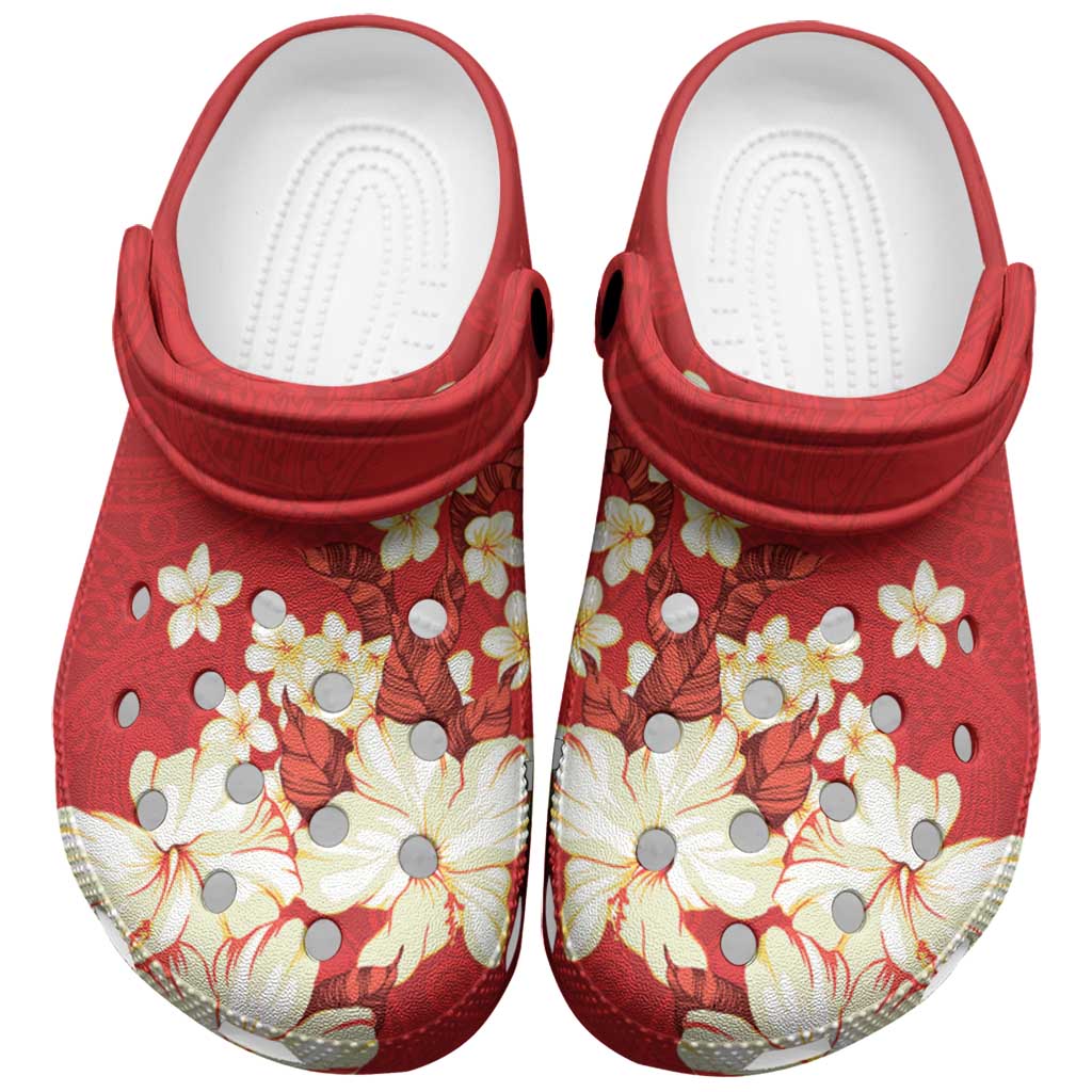 Hawaii Hibiscus Plumeria Red Clogs Shoes Polynesian Pattern