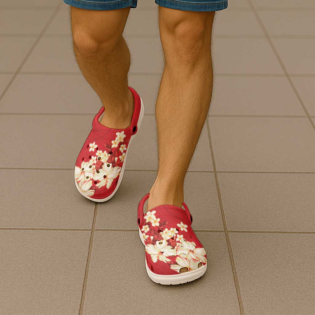 Hawaii Hibiscus Plumeria Red Clogs Shoes Polynesian Pattern