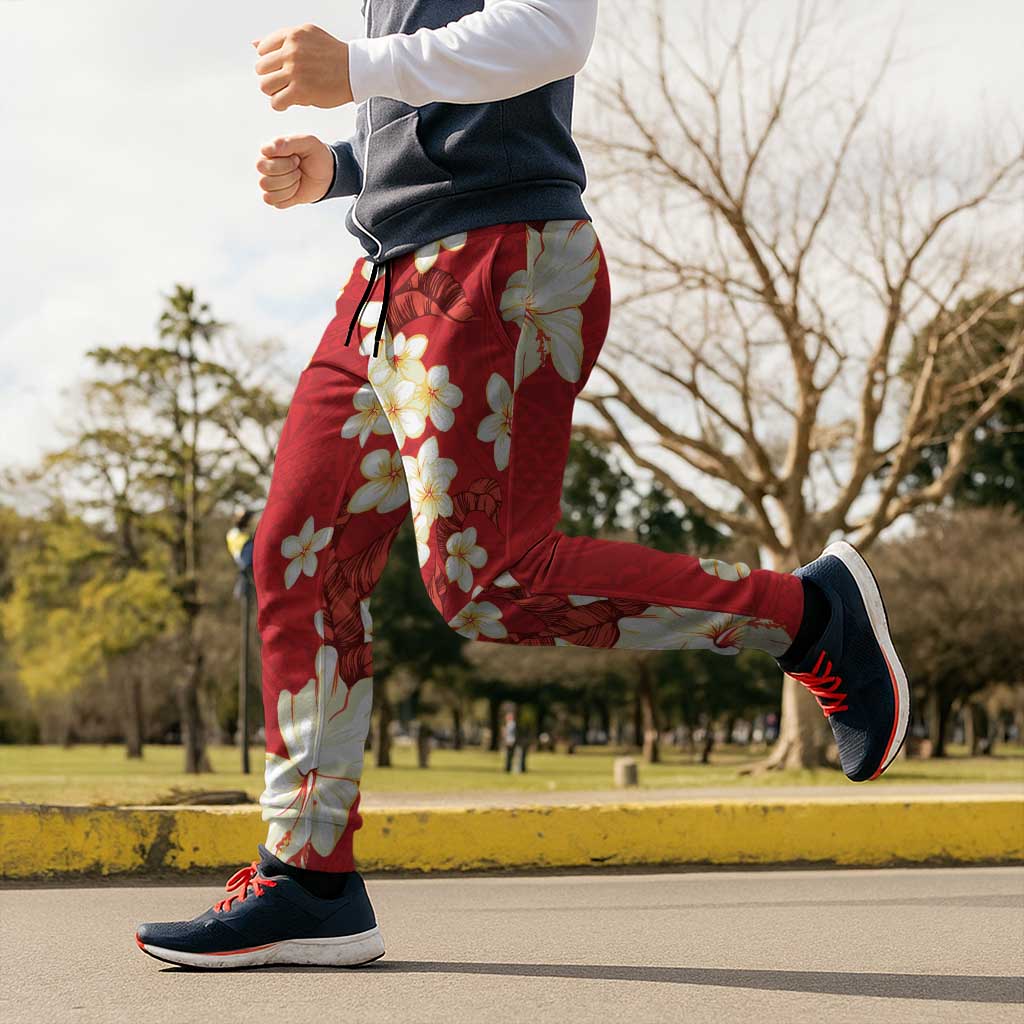 Hawaii Hibiscus Plumeria Red Jogger Pants Polynesian Pattern