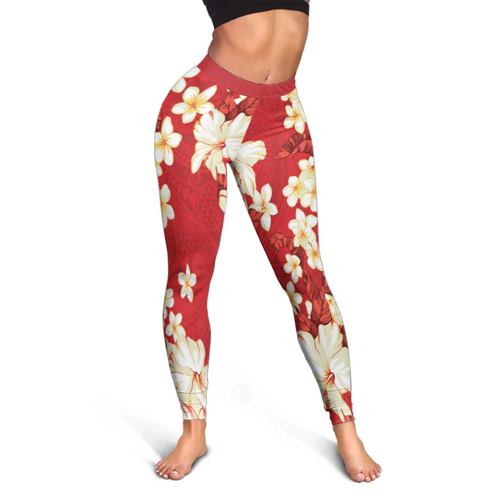 Hawaii Hibiscus Plumeria Red Leggings Polynesian Pattern