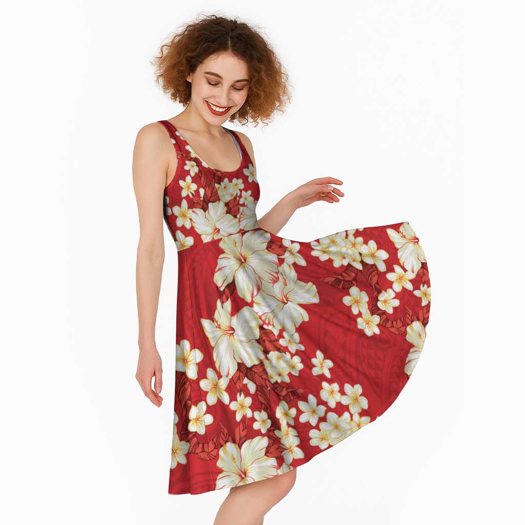 Hawaii Hibiscus Plumeria Red Midi Dress Polynesian Pattern
