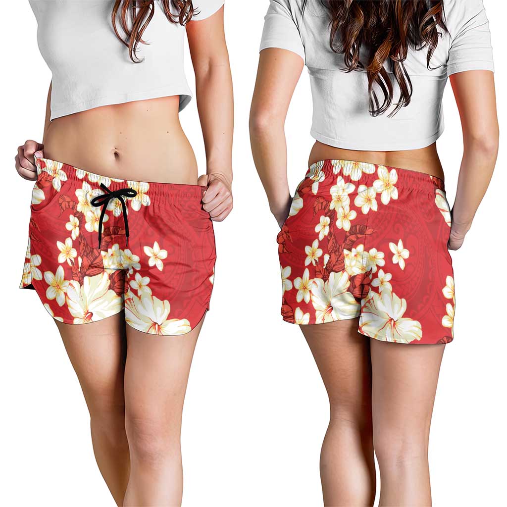 Hawaii Hibiscus Plumeria Red Shorts for Women Polynesian Pattern
