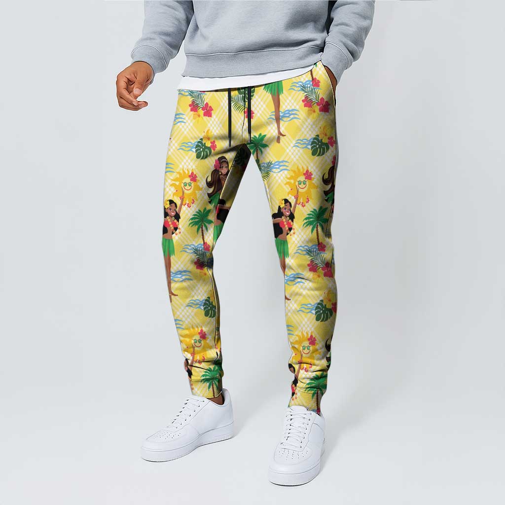 Hawaii Hula Girl Tropical Jogger Pants Yellow Palaka