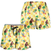 Hawaii Hula Girl Tropical Shorts for Women Yellow Palaka