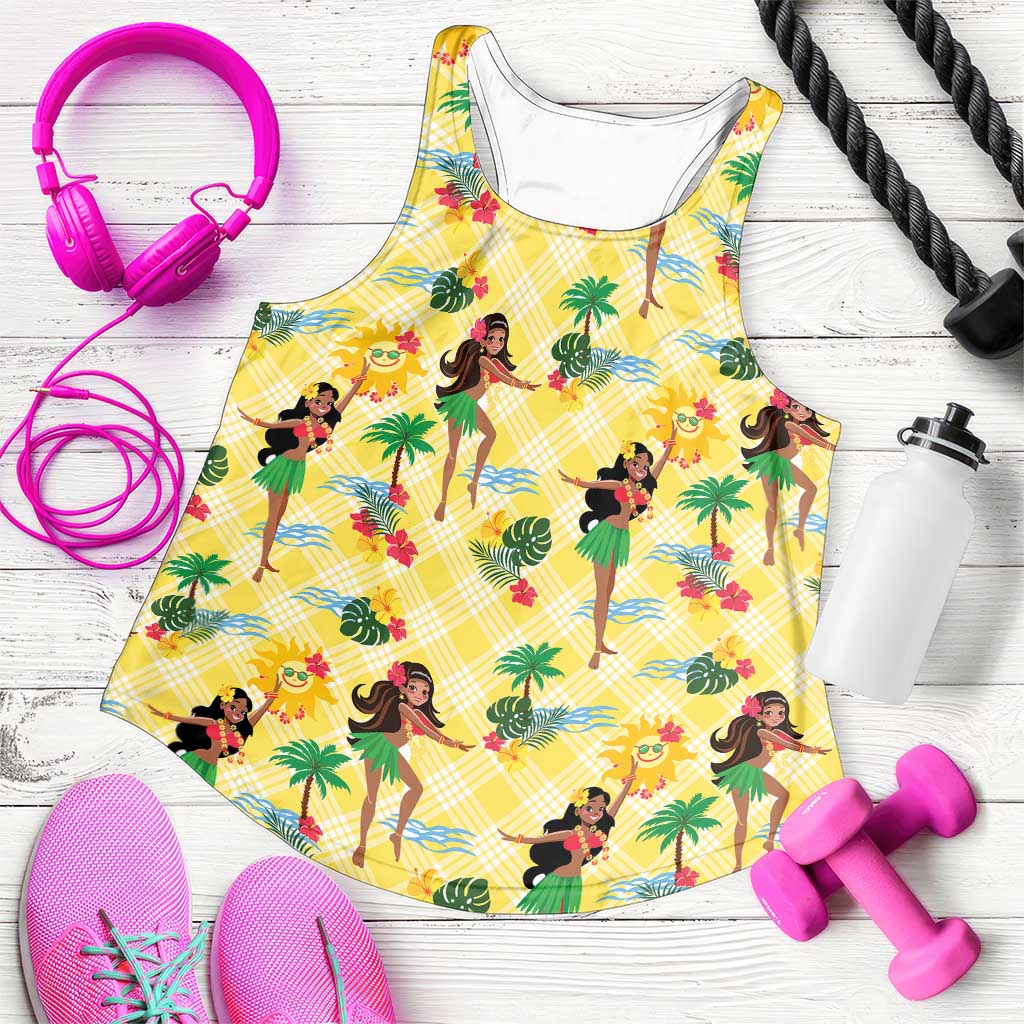 Hawaii Hula Girl Tropical Women Racerback Tank Yellow Palaka LT01 Yellow - Polynesian Pride