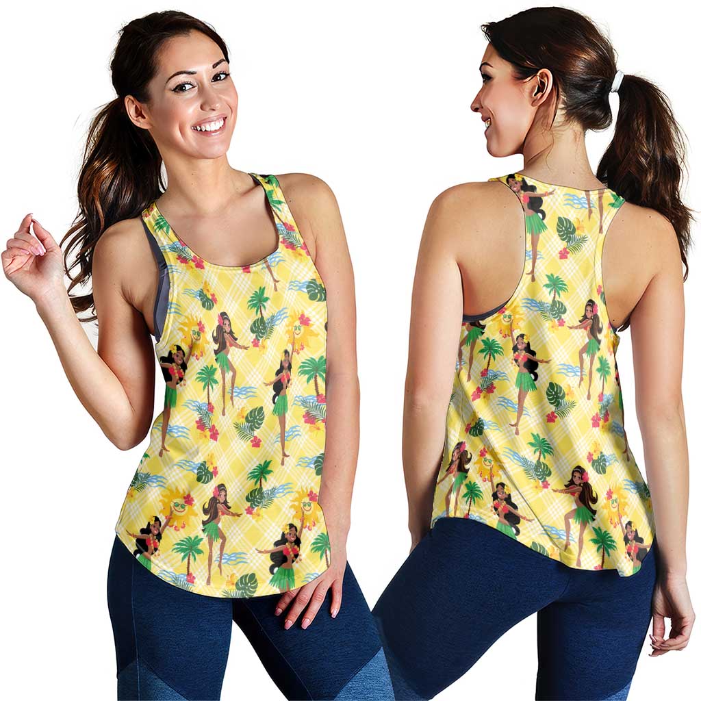 Hawaii Hula Girl Tropical Women Racerback Tank Yellow Palaka