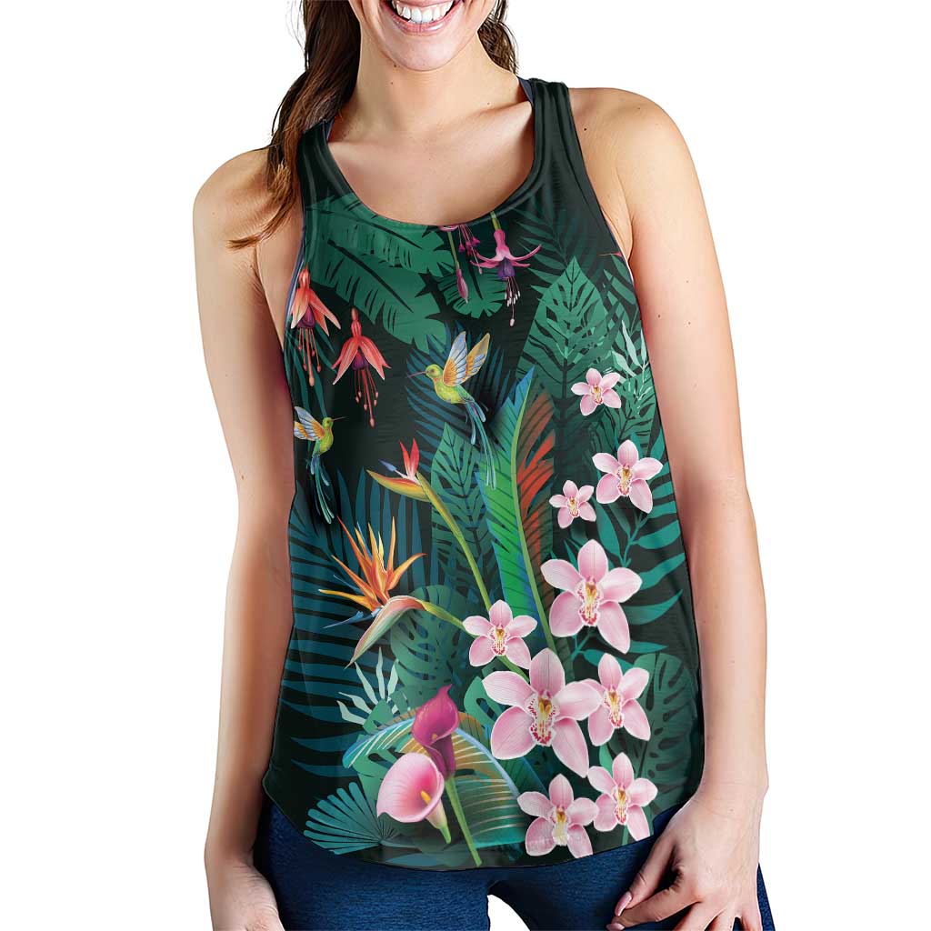 Hawaii Hummingbird Tropical Flowers Women Racerback Tank Dark Green LT01 - Polynesian Pride