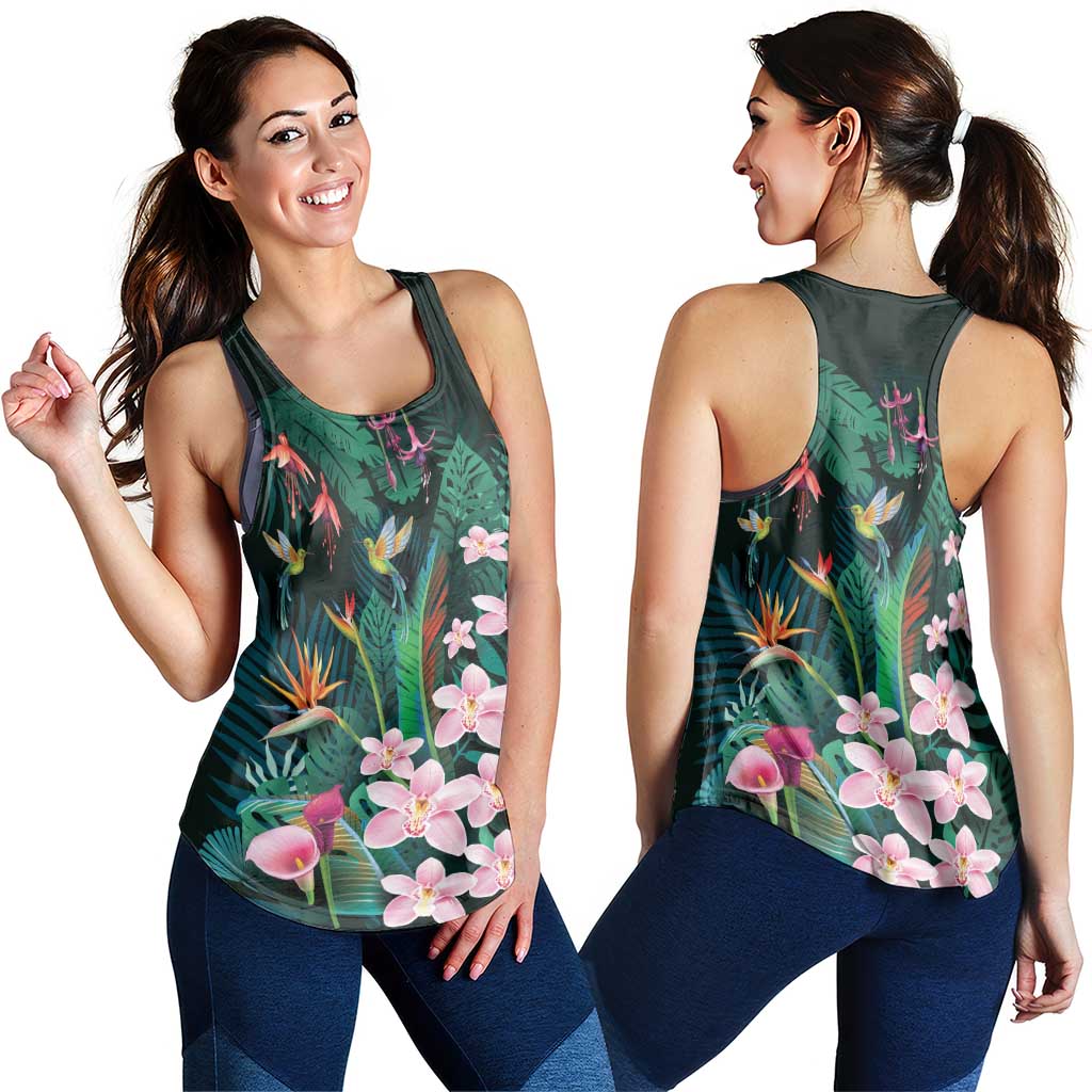Hawaii Hummingbird Tropical Flowers Women Racerback Tank Dark Green LT01 - Polynesian Pride