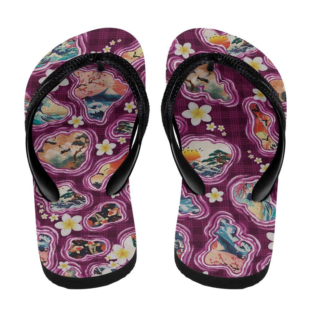 Hawaii Islands Map Design with Japanese Landscape Flip Flops Hawaiian Japan Fusion Art Pink Color