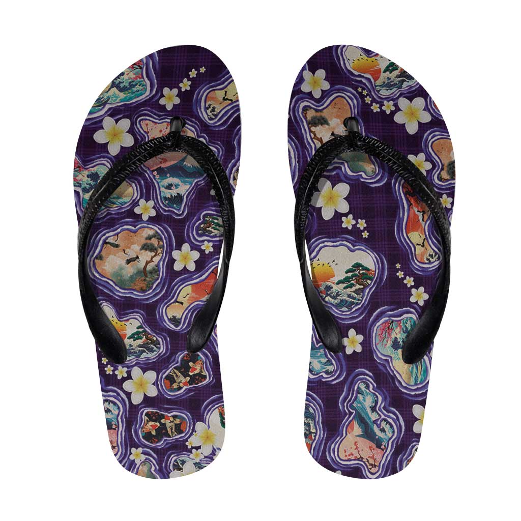 Hawaii Islands Map Design with Japanese Landscape Flip Flops Hawaiian Japan Fusion Art Purple Color