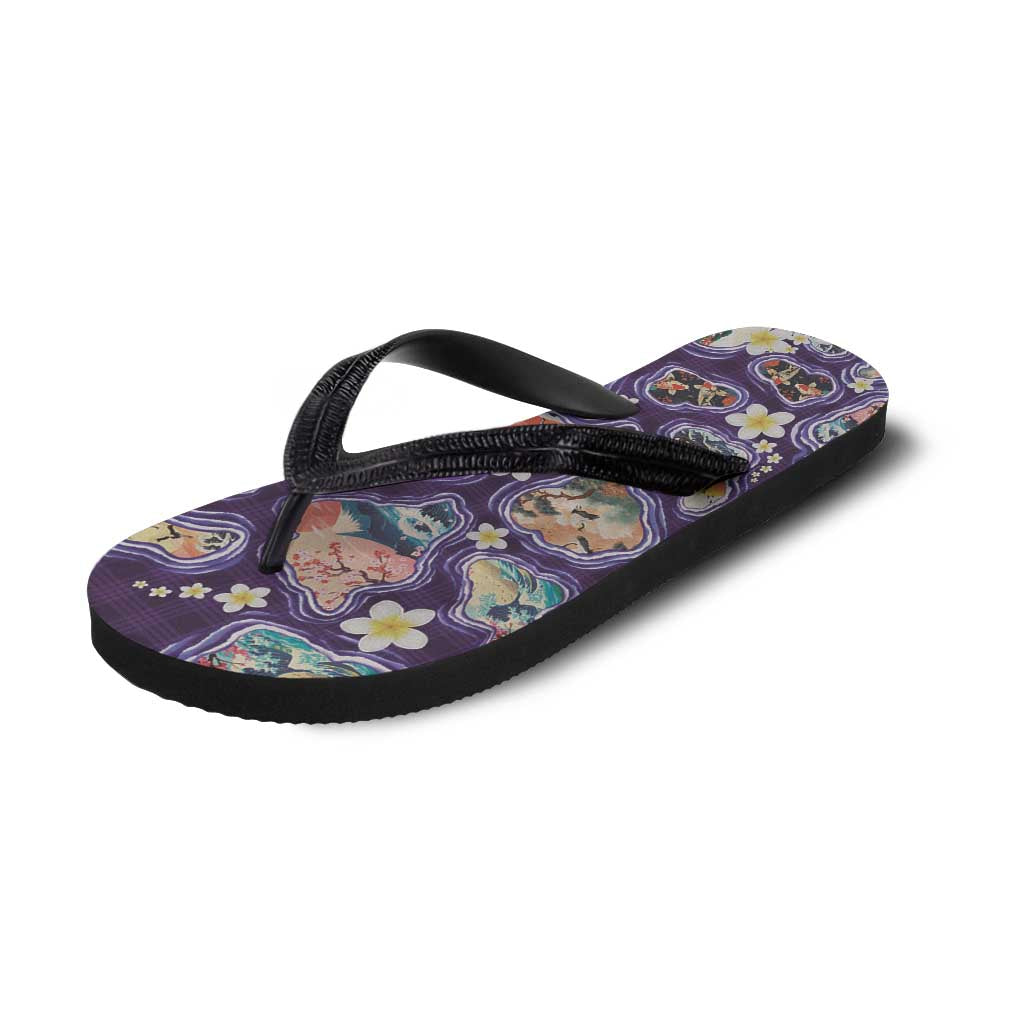 Hawaii Islands Map Design with Japanese Landscape Flip Flops Hawaiian Japan Fusion Art Purple Color