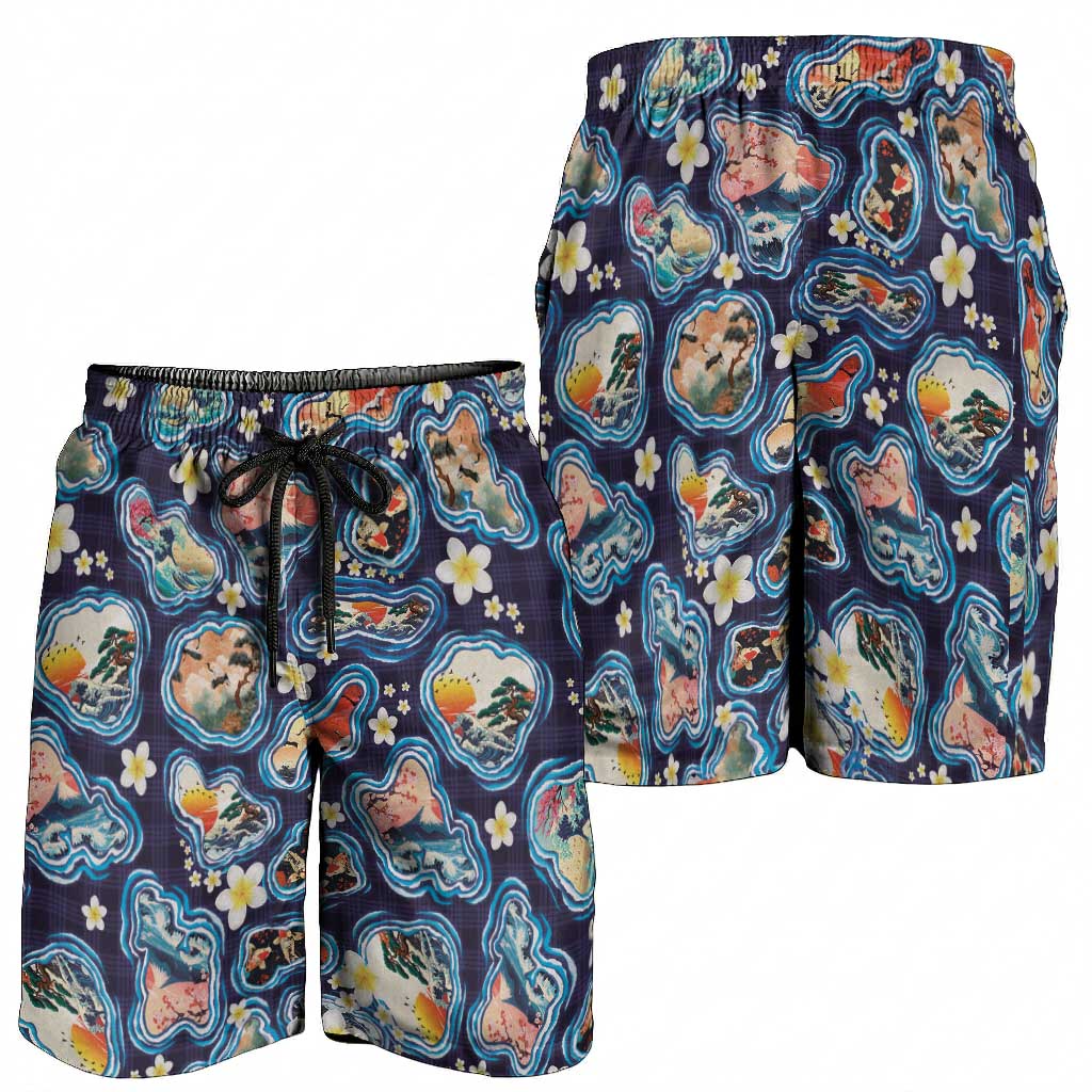 Hawaii Islands Map Design with Japanese Landscape Shorts for Men Hawaiian Japan Fusion Art Navy Color