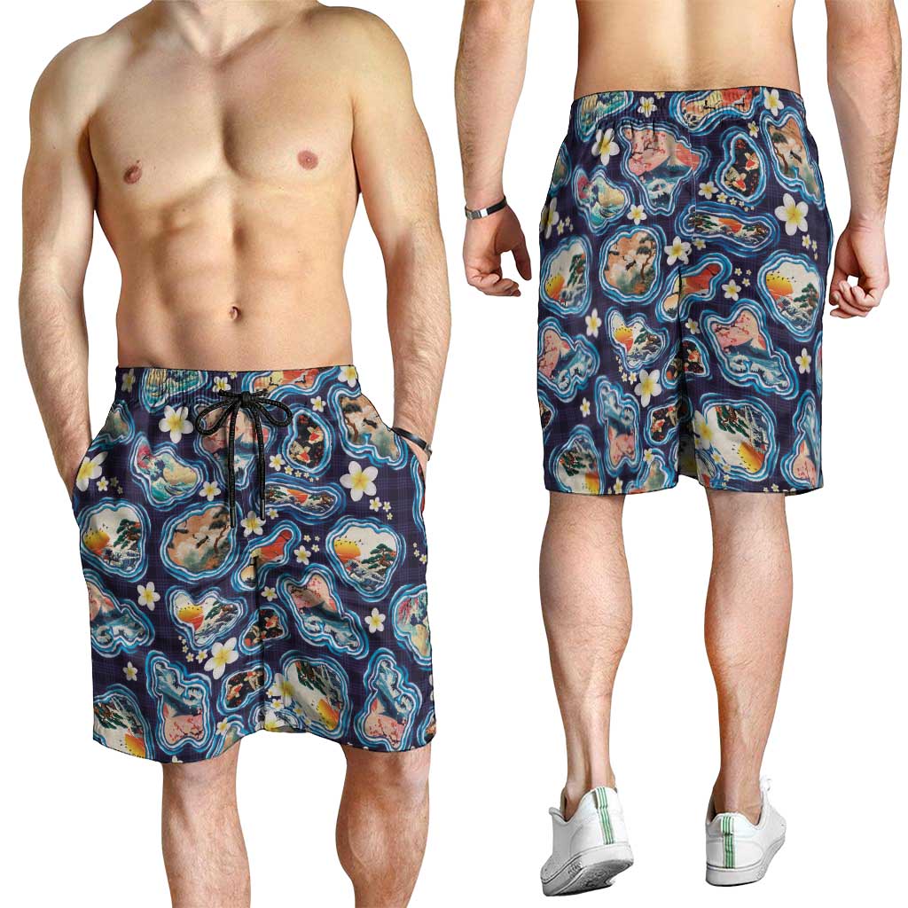 Hawaii Islands Map Design with Japanese Landscape Shorts for Men Hawaiian Japan Fusion Art Navy Color