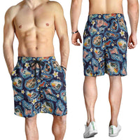 Hawaii Islands Map Design with Japanese Landscape Shorts for Men Hawaiian Japan Fusion Art Navy Color