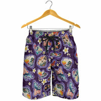 Hawaii Islands Map Design with Japanese Landscape Shorts for Men Hawaiian Japan Fusion Art Purple Color
