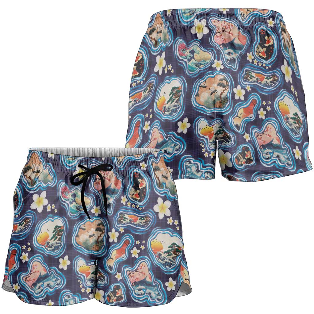 Hawaii Islands Map Design with Japanese Landscape Shorts for Women Hawaiian Japan Fusion Art Navy Color