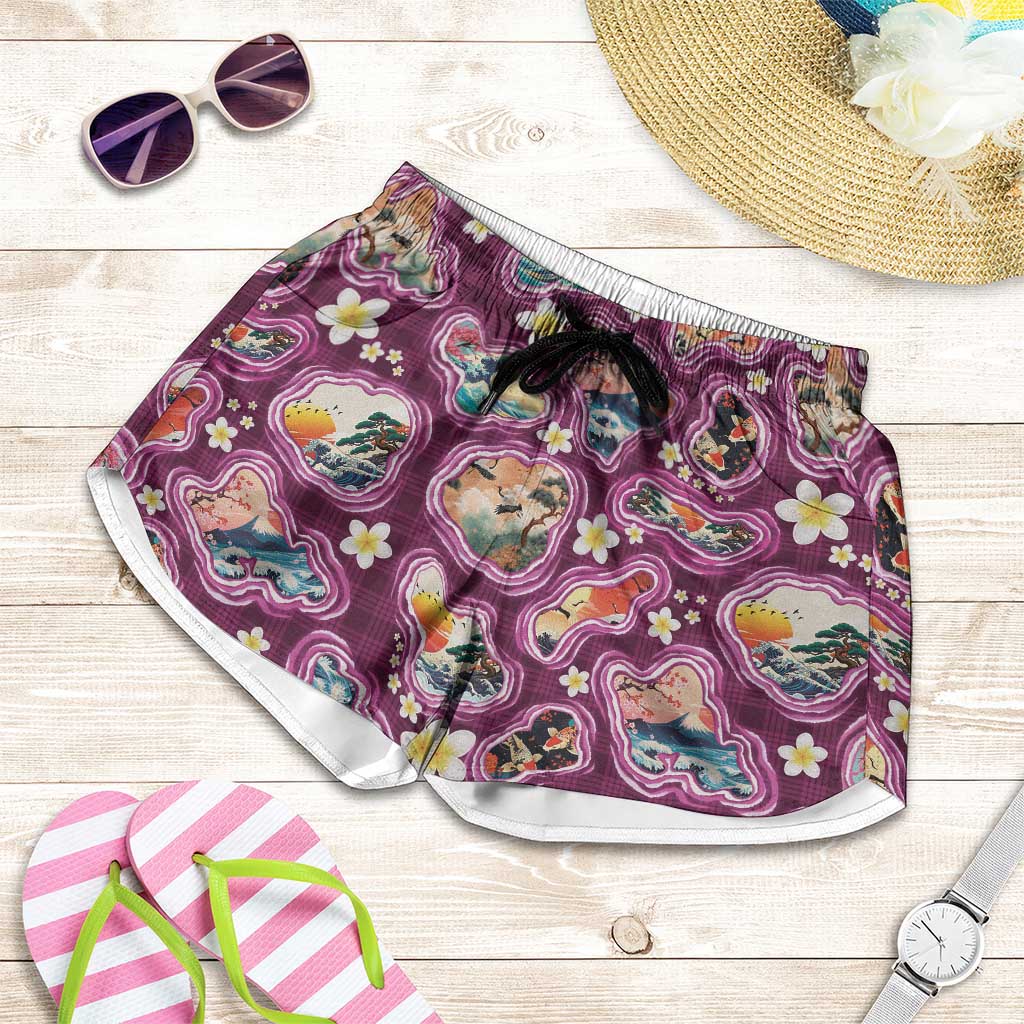 Hawaii Islands Map Design with Japanese Landscape Shorts for Women Hawaiian Japan Fusion Art Pink Color