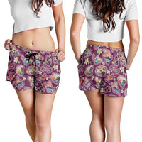 Hawaii Islands Map Design with Japanese Landscape Shorts for Women Hawaiian Japan Fusion Art Pink Color