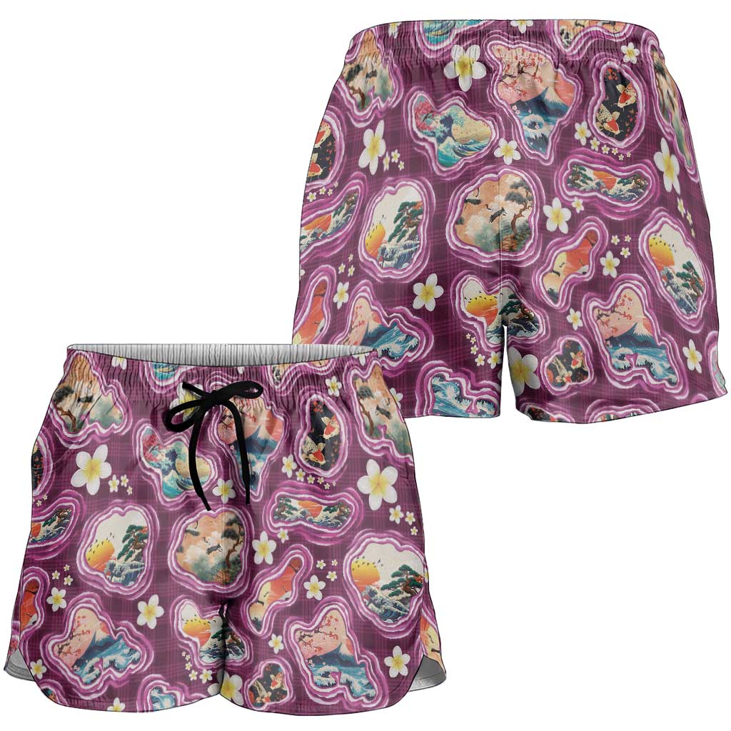 Hawaii Islands Map Design with Japanese Landscape Shorts for Women Hawaiian Japan Fusion Art Pink Color