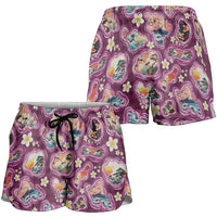 Hawaii Islands Map Design with Japanese Landscape Shorts for Women Hawaiian Japan Fusion Art Pink Color