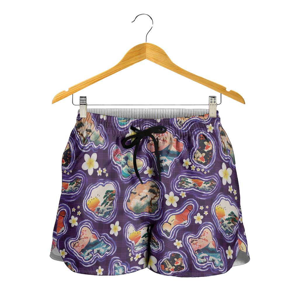 Hawaii Islands Map Design with Japanese Landscape Shorts for Women Hawaiian Japan Fusion Art Purple Color