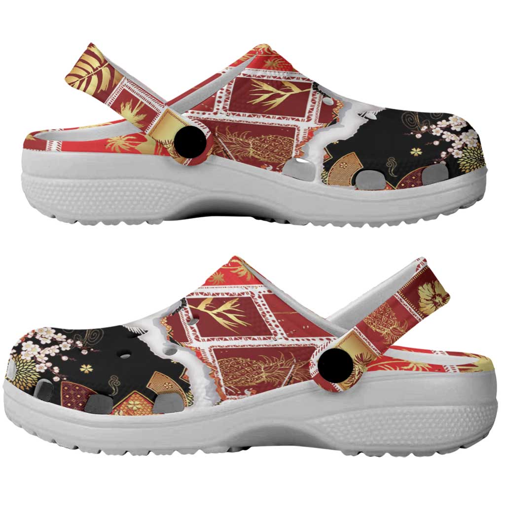 Hawaii Japanese Culture Black Clogs Shoes Spring Cranes Aloha Pattern