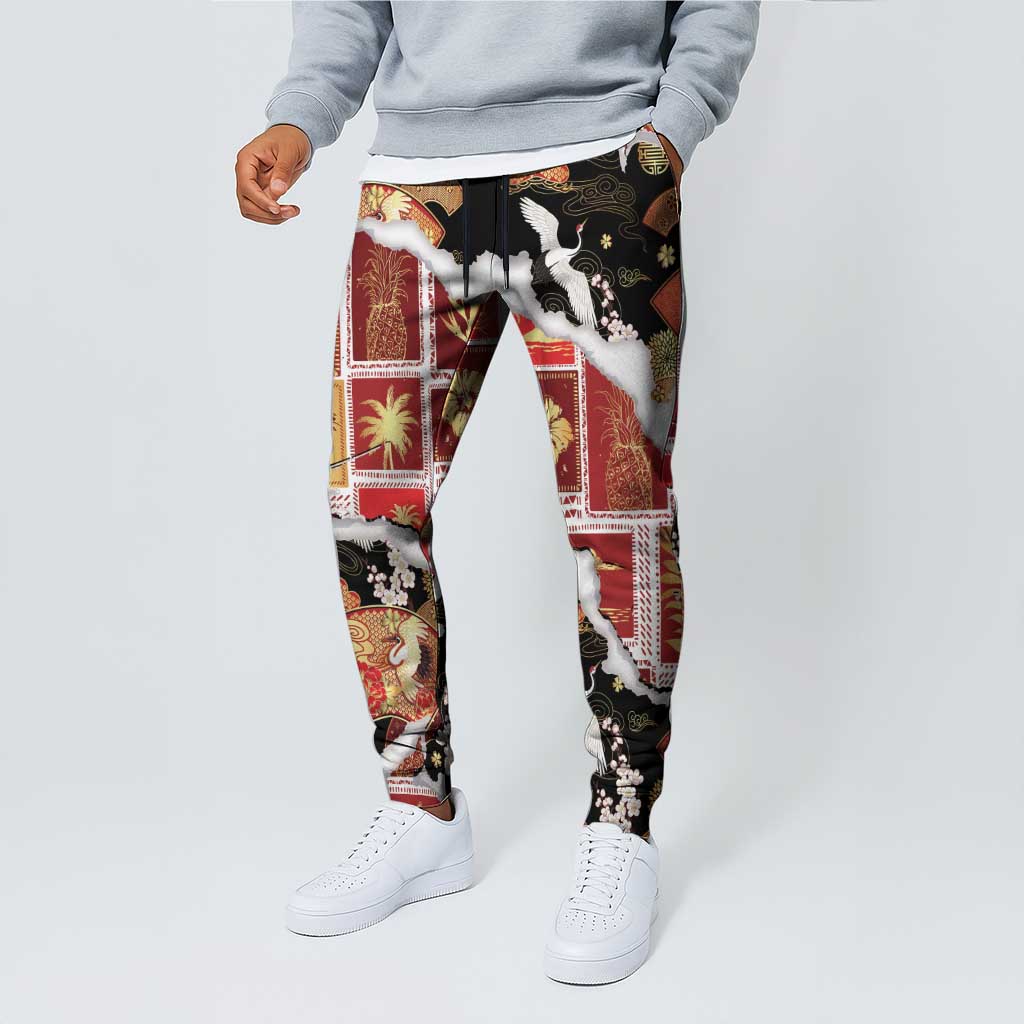 Hawaii Japanese Culture Black Jogger Pants Spring Cranes Aloha Pattern